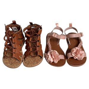 Lot of 2 Girls Oshkosh Shoes Brown Gladiator Sandals Pink Flower Flats Sz 6/6.5